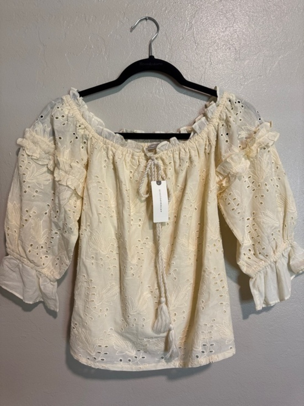 Anthropologie Cream Eyelet Off-Shoulder Peasant Blouse with Tassel